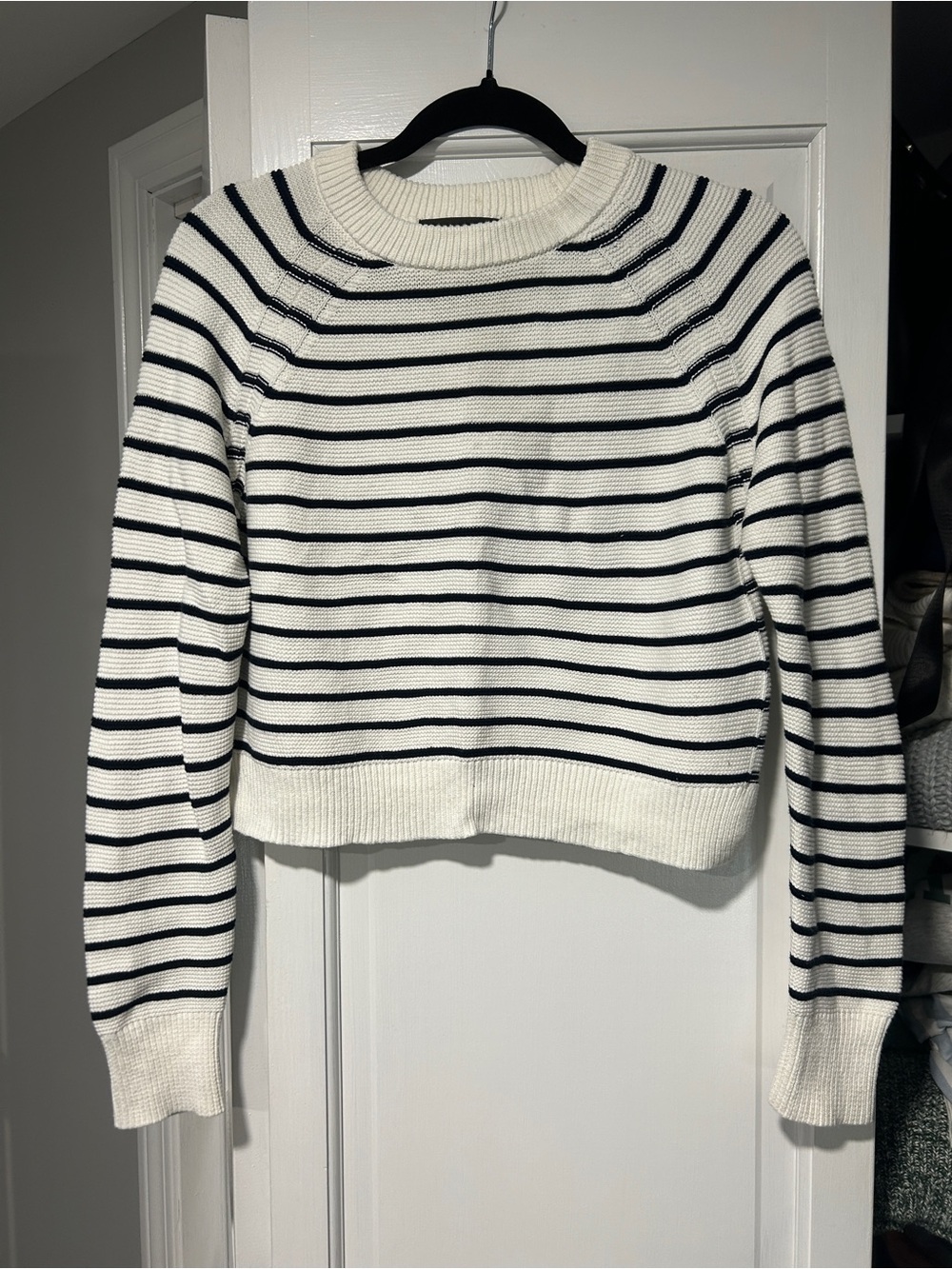French Connection White Crewneck Sweater with Black Stripes